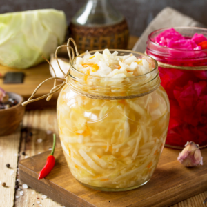 Sauerkraut in jar on board