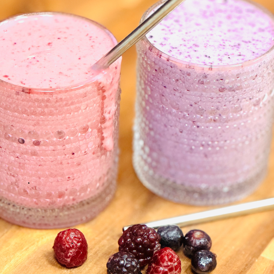 Two smoothies on counter